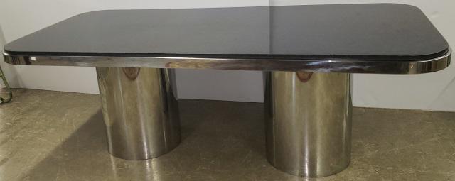 *BRUETON DINNING TABLE: Having chrome and marble top, with rounded corners, raised on double pedestal base, approximate height 29 1/4", width 84", depth 40", diameter of each pedestal 18".