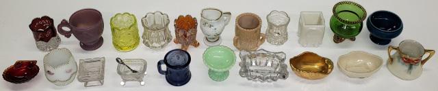 GROUP OF MISC TOOTHPICK HOLDERS & SALTS: Including porcelain, glass, etc.