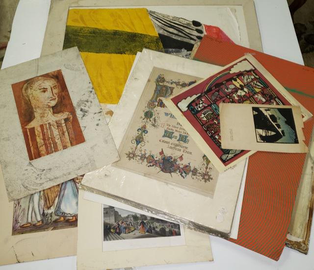 *GROUP OF UNFRAMED ART: Including glued-down etching by Luigi Kasimer, Watanabe reproduction print, work after Robert Gibbins, etc., largest piece approximately 36" x 26".