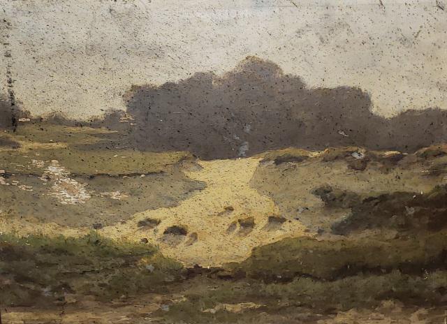 *IN THE STYLE OF WALTER CLARK: Unframed oil on wood panel depicting landscape, approximately 13 1/2" x 18 3/8".