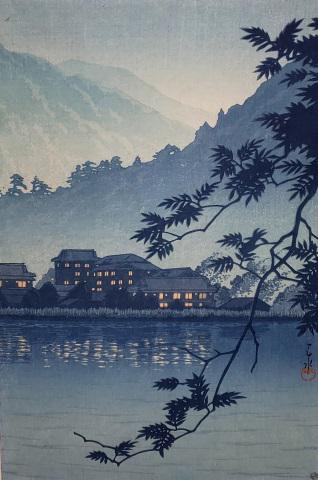 *KAWASE HASUI ORIGINAL WOODBLOCK PRINT: Kawase Hasui (1883-1957 Japanese), river night scene, unframed woodblock print, approximately 15 1/2" x 10 1/2".