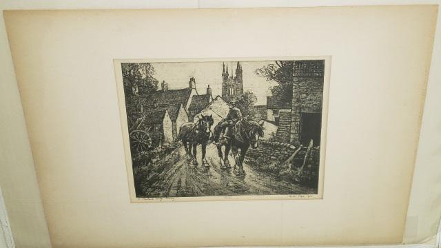 *LESLIE COPE ORIGINAL ETCHING: Leslie Cope (20th C. American), "A Mooreland Village", unframed and matted etching, approximately 8 1/2" x 10 1/2", with mat 14 1/4" x 20".