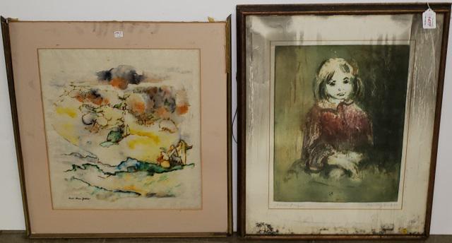 *2 PIECES: Aquatint etching depicting portrait of girl by Kiko Moti, approximately 19" x 16 1/2", and watercolor of landscape by Louise Dunn Yochim, 20" x 19".