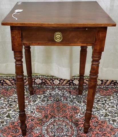 *19TH C. SHERATON BIRCH SIDE TABLE: Fitted with single drawer, approximate height 26 3/4", width 18 3/4", depth 17 1/4".