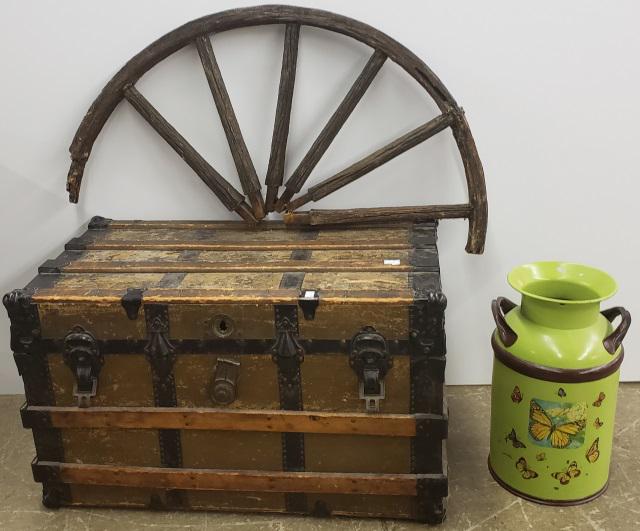 *3 PIECES: Milk can, half a wagon wheel, and a steamer trunk with slats.