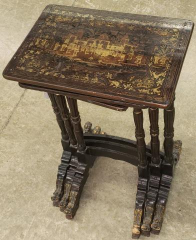 JAPANESE LACQUERWARE NESTING TABLES: Decorated with flora and figures.