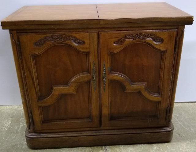 *PERIOD STYLE SERVER: By Thomasville, having hinged top over 2 drawers, approximate height 31", width 36 1/2" closed, 72 1/2 open, and depth 18".