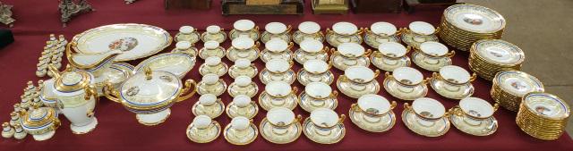 *SET OF CZECHOSLOVAKIAN DINNERWARE: Having 24k gold decoration, depicting garden scenes, including 12 service plates 10", 12 dessert plates 7 1/2", 10 bread plates 6 1/2", 12 berry bowls diameter 5 1/2", 12 demitasse cups with 12 saucer