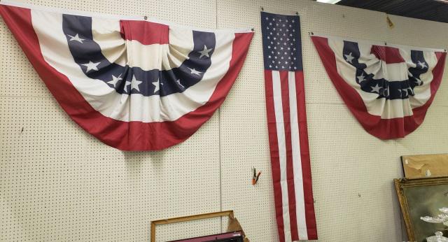 *3 RED, WHITE & BLUE BANNERS: Pair of Buntings, height 49" x 91" and a log flag banner, length 8'.