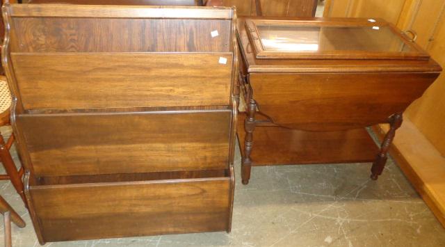 2 PIECES: Wall mount magazine rack and tea cart having glass shelf.