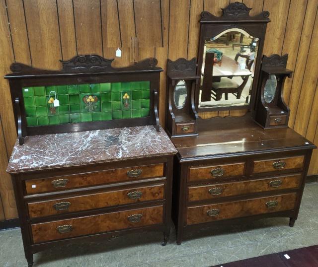 *2-PIECE VICTORIAN BEDROOM SET: Mirrored dresser fitted with handkerchief drawers over marble top and 3 drawers below and dresser having tile back over 2 half drawers and 2 long drawers.
