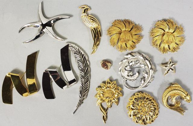 *12 MONET PINS: Gold and silver pins, depicting flowers, leaves, bird, etc., longest 5 1/4".