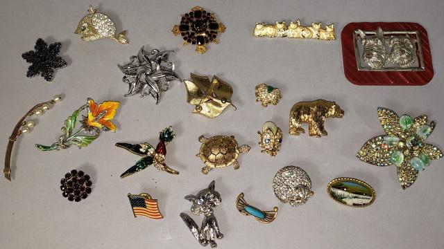 *20 PINS: Some vintage, including Napier, Star, Art, Two Sisters, Monet, etc.