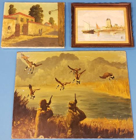 3 PAINTINGS: Unframed oil on board, hunting scene, signed R. Hurst, 18" x 23 7/8", unframed oil on canvas, village scene, signed Skerce, 11" x 14", and a framed oil on board, boats, monogrammed lower right, frame