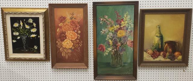 4 FRAMED PAINTINGS: Still life with fruit and bottle, signed Lala Blish, still life with flowers, signed Hickman, still life with flowers, signed Sue and still life with vase of flowers, signed Arlette.