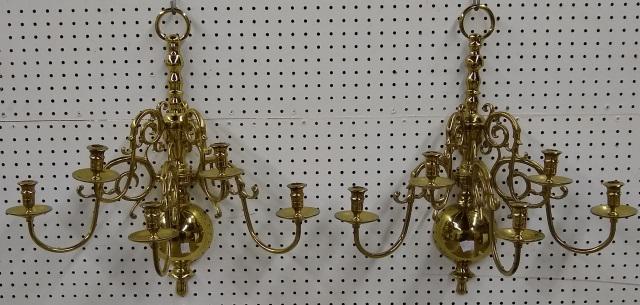 *PAIR OF BRASS WALL SCONCES: Fitted with 5 branches.