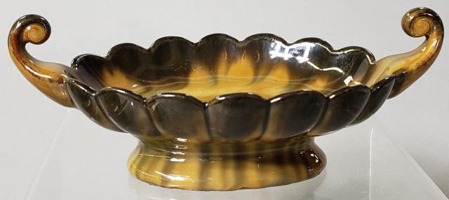 FULPER ART POTTERY BOWL: 2-handled footed art pottery bowl with scalloped edges, approximate length 7 5/8".