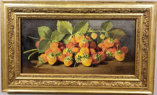 *J.C. SPENCER ORIGINAL OIL PAINTING: J.C. Spencer (1861-1919 American), still life with strawberries, framed oil on canvas, signed lower right, approximately 9" x 18", with frame 14" x 23".