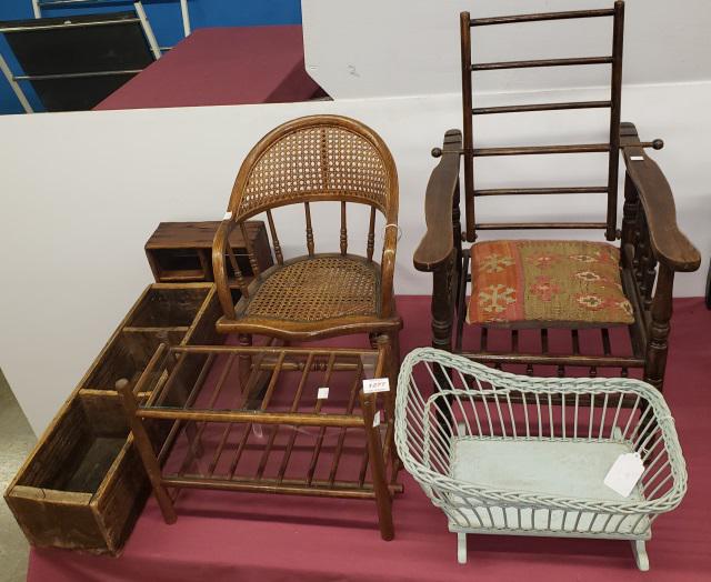 6 PIECES: Chairs, doll bassinet, cube wall shelf, etc.