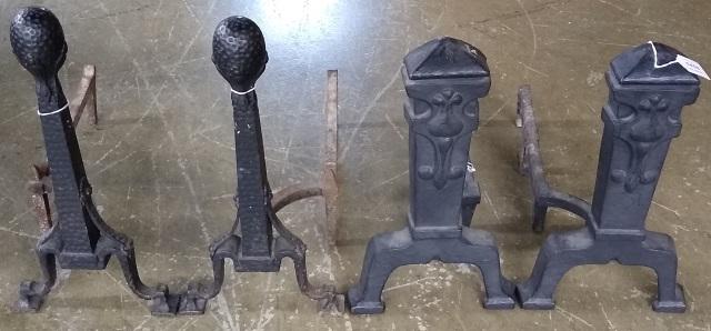 2 PAIRS OF ANDIRONS: Approximate height 18" and 20".
