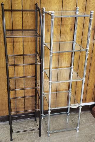*2 NARROW WALL ETAGERES: One dark aluminum, and one chrome style, both with 5 shelves, tallest is 55".
