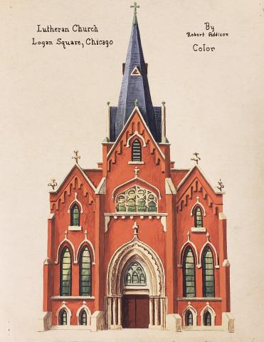 ROBERT ADDISON ORIGINAL PAINTING: "Lutheran Church Logan Square, Chicago", (Norwegian Lutheran Memorial Church/Minnekirken), unframed painting on paper, titled upper left, signed upper right, approximate paper size 11 3/4" x 9 1/8", i