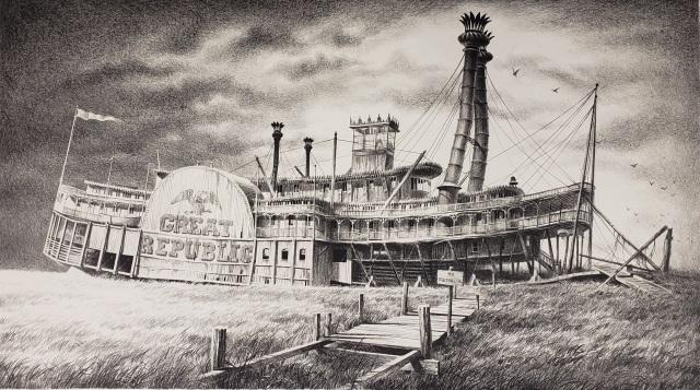 ROBERT ADDISON ORIGINAL LITHOGRAPH: "Great Republic", unframed black & white lithograph on paper, signed Robert. Addison in pencil lower right margin, and signed Trial Proof lower center, approximate image size, 13 1/2" x 23 3/4", paper