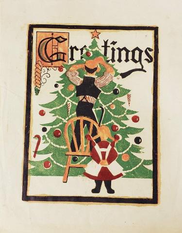 ROBERT ADDISON ORIGINAL SCREENPRINT: "Greetings", unframed Christmas card screenprint, by Robert Addison, circa 1947/48, approximate paper size 10 7/8" x 8 1/2", item was originally purchased from artist's wife's estate.