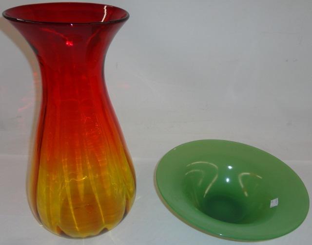 2 PIECES OF ART GLASS: Amberina vase and jadeite glass bowl.