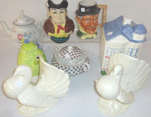 8 PIECES: Character jug, toby jug, Rosenthal teapot, pair of ceramic doves, house form cookie jar, etc.