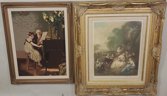 2 FRAMED WORKS: Lithograph depicting garden scene, signed in pencil lower right Arthur L. Cox, has impressed stamp lower left ZUK, housed in gilt frame, approximate frame size 34" x 30", along with needlework depicti