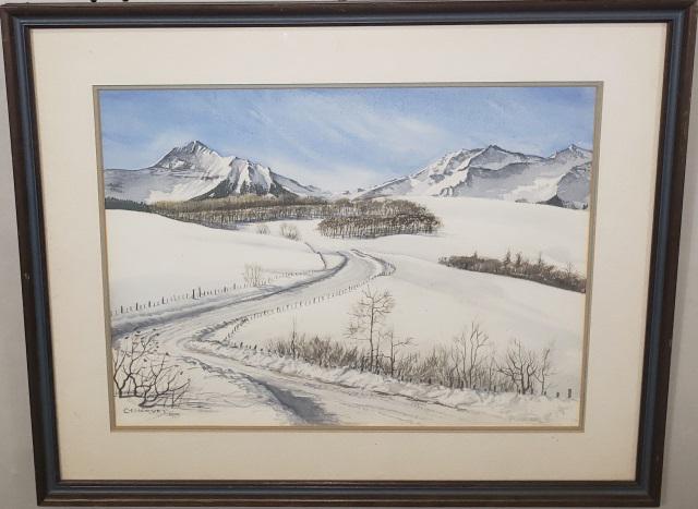 HARVEY ORIGINAL WATERCOLOR: Winter scene with mountains, framed watercolor, signed lower left C. E. Harvey and dated 1975, approximate site 11 5/8" x 15 5/8", frame 17" x 21".