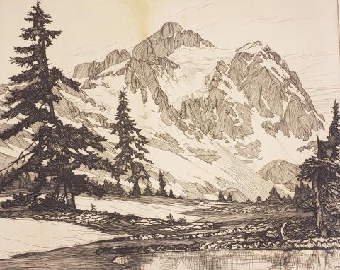 ROI PARTRIDGE ORIGINAL ETCHING: Mountain landscape, unframed etching on paper, signed & dated 1927 in plate lower right and signed lower center in pencil, approximate image size 12" x 14 3/4", paper 15 3/16" x 18 1/8".