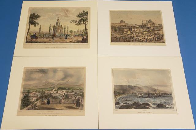 4 ANTIQUE HAND-COLORED LITHOGRAPHS: 4 antique hand-colored lithographs, "Paseo de la Independencia", "Bahia de Acapulco", "Marketplace-City of Mexico" and "Vista Sobre Los Vulcanes de Mexico", approximate mat sizes 16" x 20"