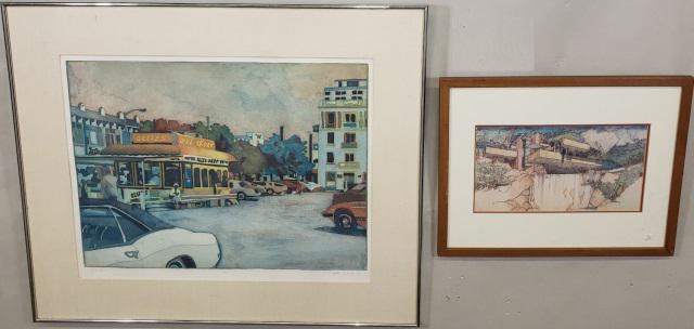 TWO FRAMED PRINTS: Comprising Peter Giscombe, framed aquatint etching, "Red Diner", approximate frame 27 1/8" x 32 5/8", and a framed print of a Frank Lloyd Wright home, frame 15 1/4" x 19 1/4".