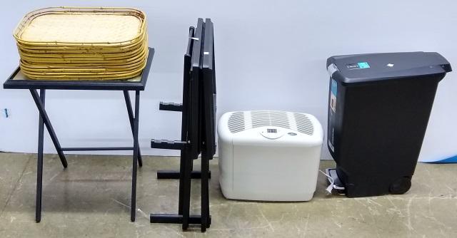 4 PIECES: Space heater, folding tray table set, bamboo serving trays, and trash can with pedal.