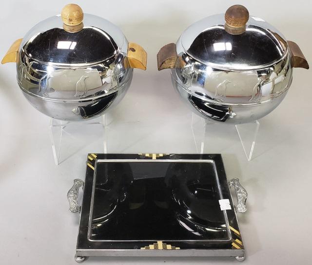 3 PIECES: Two mid-century 2-handled ice buckets with penguin design and a Art Deco 2-handled plateau.