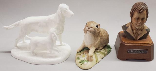 3 PIECES: Porcelain figure by Noritake, mothers day 1977, approximate height 5", bust of Robert Burns, on plinth, 5", and a Cybis rabbit, 4 1/2".