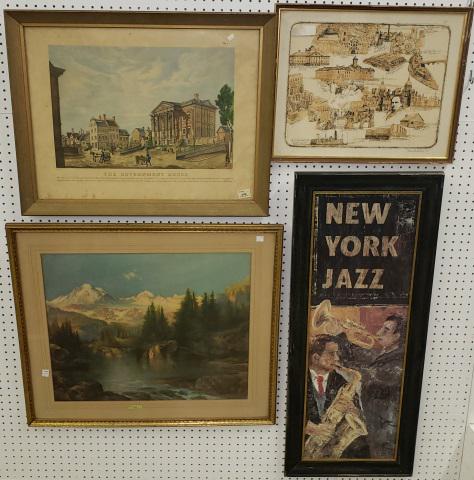 4 FRAMED WORKS: 4 framed prints, "The Government House", Mountain landscape by Moran, framed work signed Allan Masdon and a New York Jazz print, largest piece 27 3/4" x 31 1/2".