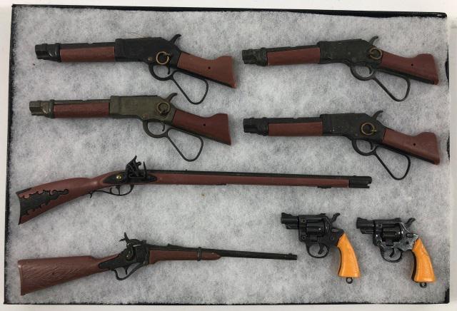 GROUP OF MINIATURE GUNS: Comprising 6 long guns and 2 revolvers, all mechanically working, (What I mean by mechanically working is when the hammer is pulled back the trigger will release it. Or there is lever action to some o