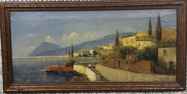 HANS WAGNER ORIGINAL PAINTING: (1885-1949 Swiss) Capris coast, framed oil on canvas, signed lower right, approximate work size 18" x 39 1/2", frame 22 1/2" x 44 1/2".