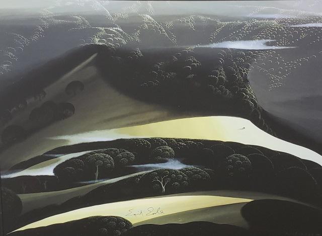 EYVIND EARLE FRAMED GRAPHIC: Landscape with trees, framed print, signed lower center, approximate sight 17" x 23", frame 27 1/4" x 33 1/8".