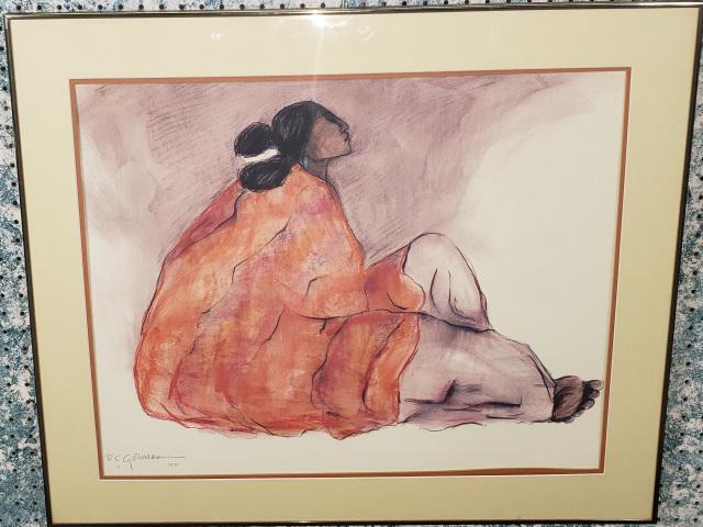 R.C. GORMAN FRAMED GRAPHIC: "Orange Serape", framed print, signed in pencil lower left, dated 1977, approximate sight 21 1/4 " x 26 3/8", frame 27 5/8" x 32 3/4".