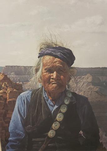 RAY SWANSON FRAMED GRAPHIC: "Old Man and the Canyon", framed print, signed in pencil lower right margin, numbered 368/750 lower left, has Merrill Chase tag, approximate image 27 1/8" x 20", frame 37 1/2" x 29 5/8".