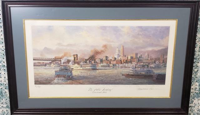 MICHAEL BLASER FRAMED GRAPHIC: "The Public Landing, Cincinnati 1935", framed print, signed lower right, numbered lower left 917/950, approximate sight 19 3/4" x 36". frame 29 3/4" x 45 1/2".