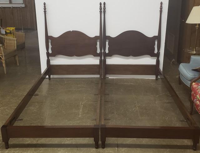 PAIR OF 2 POSTER BEDS: Mahogany headboard with 2 posts each, approximate height 59", headboard width 42 1/2", mattress size 38" x 80" (Twin XL size).