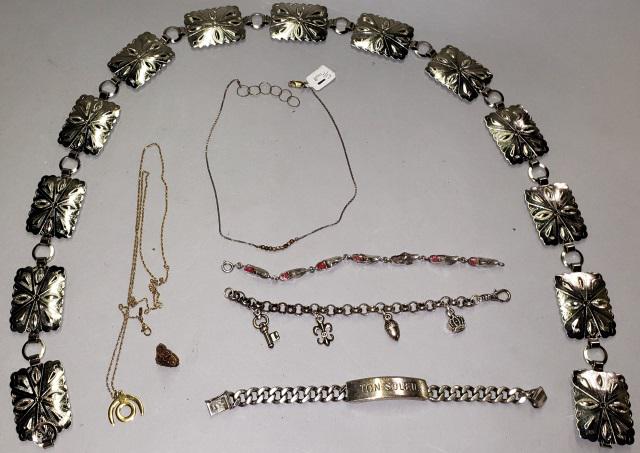 GROUP OF JEWELRY: Including silver ID bracelet inscribed and marked 800., thin sterling necklace marked 925, 2 silver plate bracelets, silver plate belt, etc.