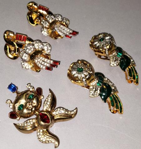 GROUP OF COSTUME JEWELRY: 2 pair of jeweled shoe clips, and a jeweled figural pin marked Coro Craft sterling.