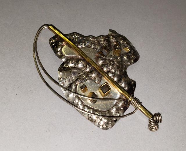 STERLING SILVER MODERNIST DESIGN PIN/BROOCH: Sterling silver modernist design two tone large pin/brooch, signed M. A. Katke, approximate length 3 1.2", no visible silver mark.