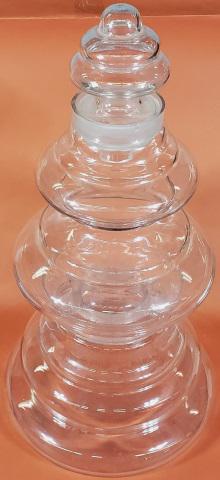BUNTE CANDY 3-PIECE GLASS DISPLAY: Bunte candy 3-piece stacking glass display, 2 individuals containers and stopper, purportedly from 1933 Chicago's World's Fair, approximate height 24".